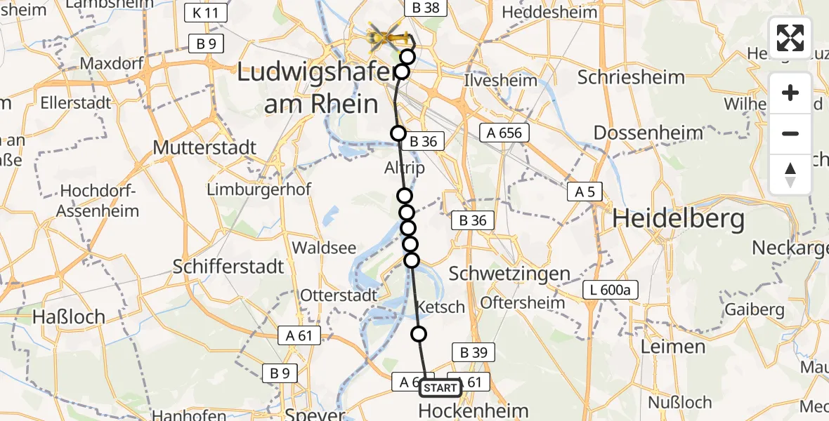 Flugroute Rettungshubschrauber Hockenheim - Mannheim, 19 April 2026, 17:10