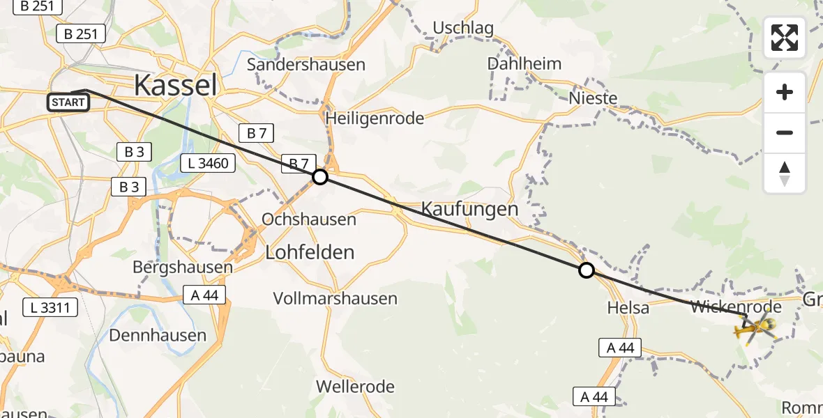 Flugroute Rettungshubschrauber Kassel - Helsa, 19 April 2026, 17:11