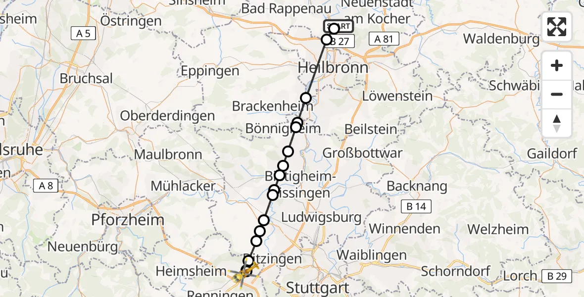 Flugroute Rettungshubschrauber Klinikum am Plattenwald - Leonberg Hospital, 19 April 2026, 17:15