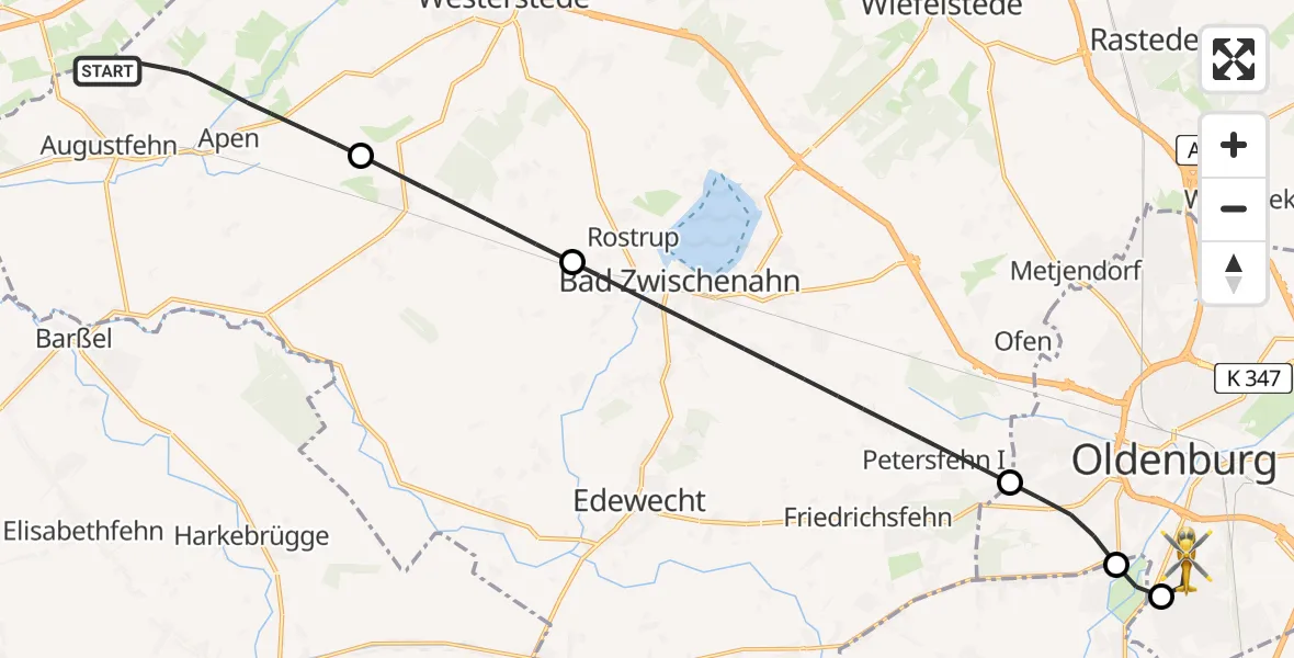 Flugroute Rettungshubschrauber Apen - Oldenburg (Oldb), 19 April 2026, 17:17