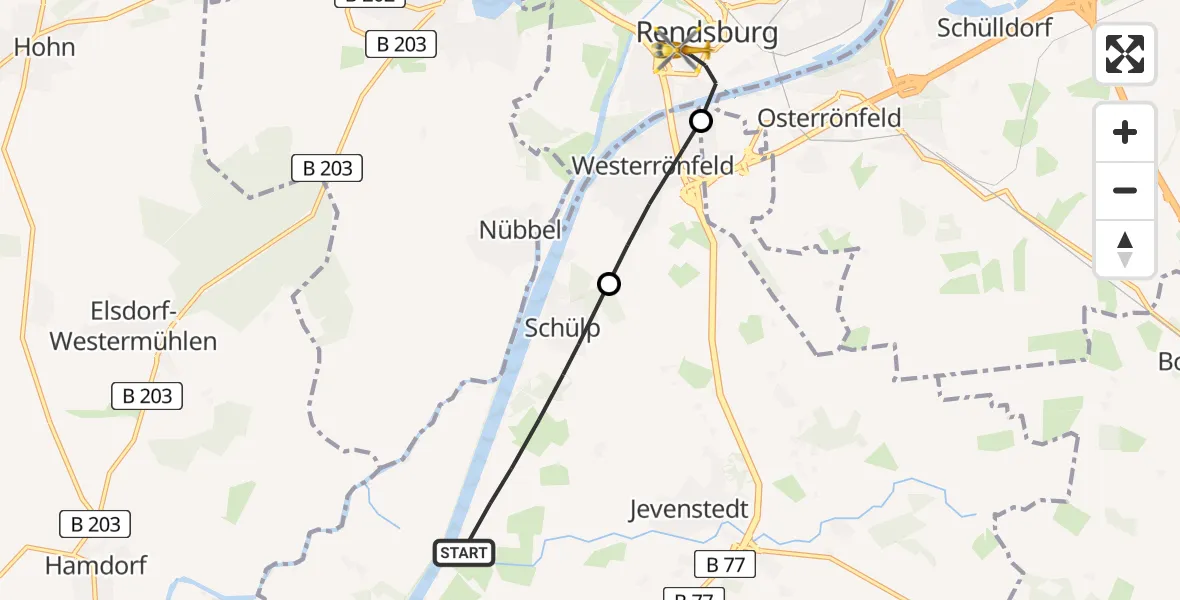 Flugroute Ambulanzhubschrauber Schülp b.Rendsburg - Rendsburg, 19 April 2026, 17:28