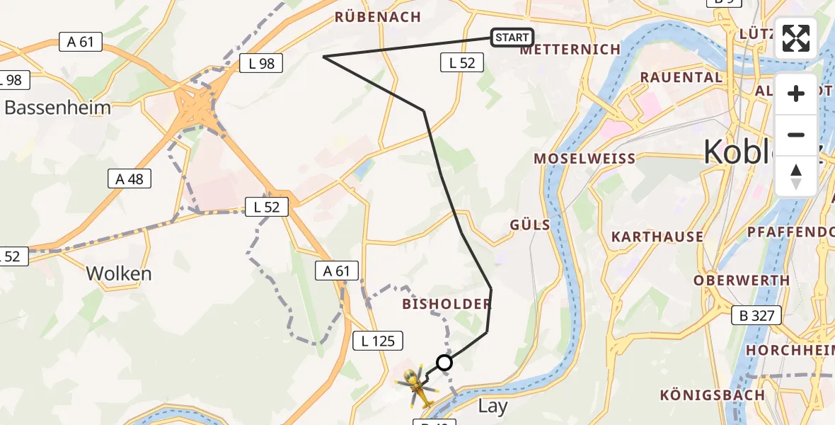 Flugroute Ambulanzhubschrauber Koblenz - Koblenz-Winningen Flugplatz, 19 April 2026, 17:41
