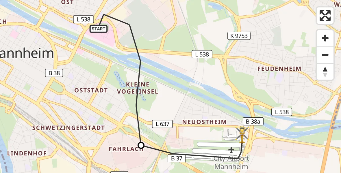 Flugroute Rettungshubschrauber Mannheim - Mannheim-City Flughafen, 19 April 2026, 17:52