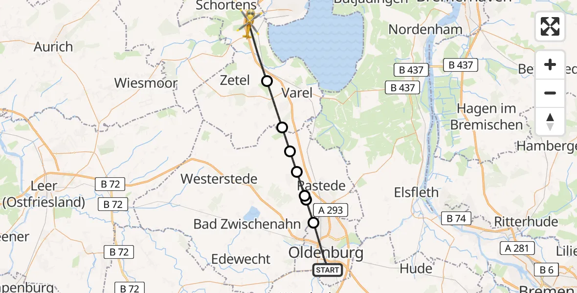Flugroute Rettungshubschrauber Oldenburg (Oldb) - Sande, 19 April 2026, 17:52