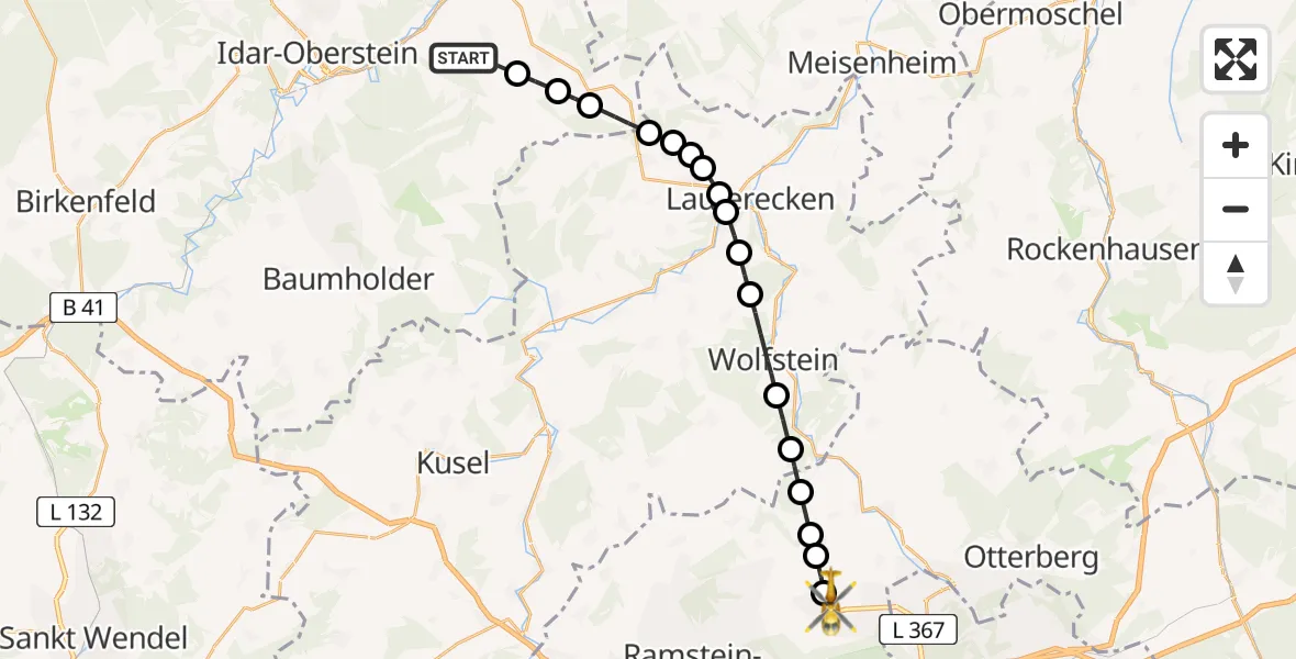 Flugroute Rettungshubschrauber Dickesbach - Weilerbach, 19 April 2026, 17:52