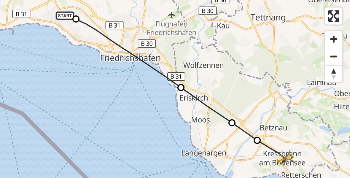 Flugroute Rettungshubschrauber Friedrichshafen Hospital - Kressbronn am Bodensee, 19 April 2026, 17:56