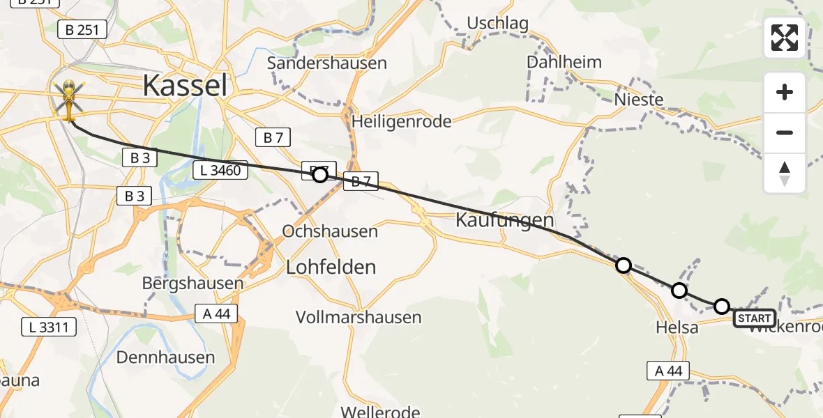 Flugroute Rettungshubschrauber Helsa - Kassel, 19 April 2026, 17:58