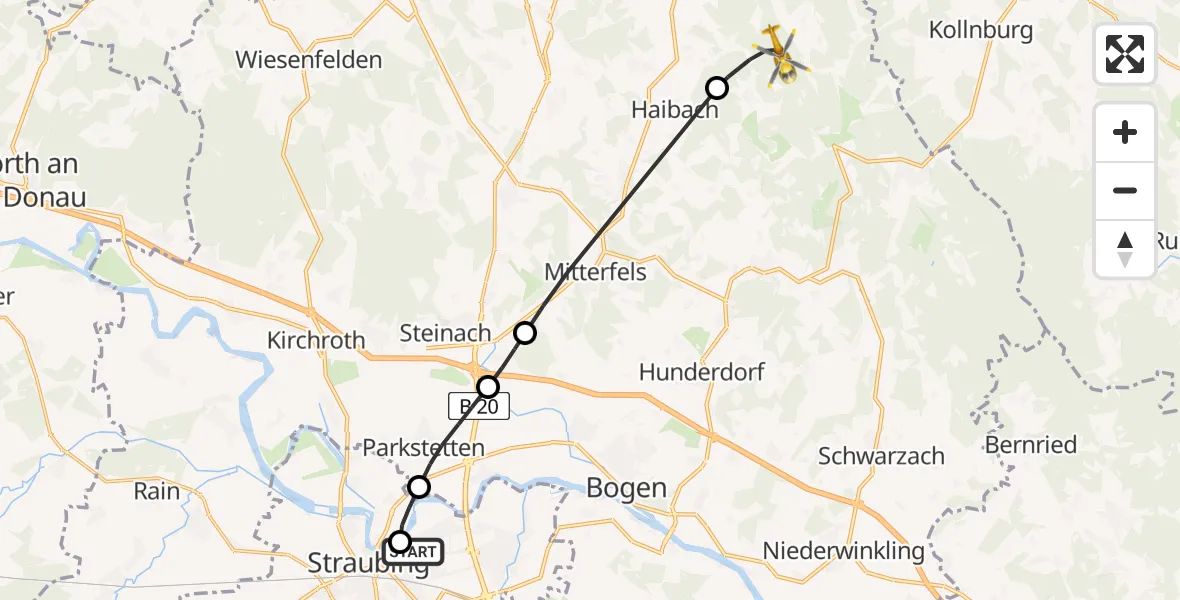 Flugroute Rettungshubschrauber Sankt Elisabeth Hospital Straubing - Haibach, 19 April 2026, 18:03
