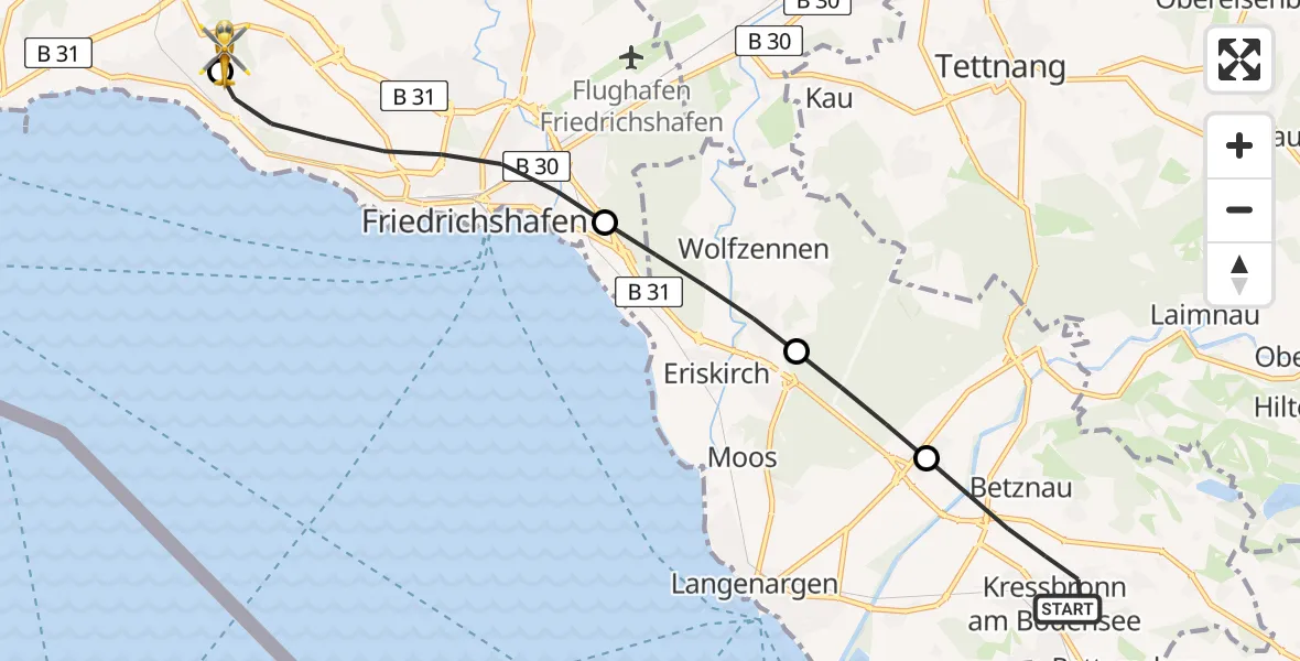 Flugroute Rettungshubschrauber Kressbronn am Bodensee - Friedrichshafen Hospital, 19 April 2026, 18:22