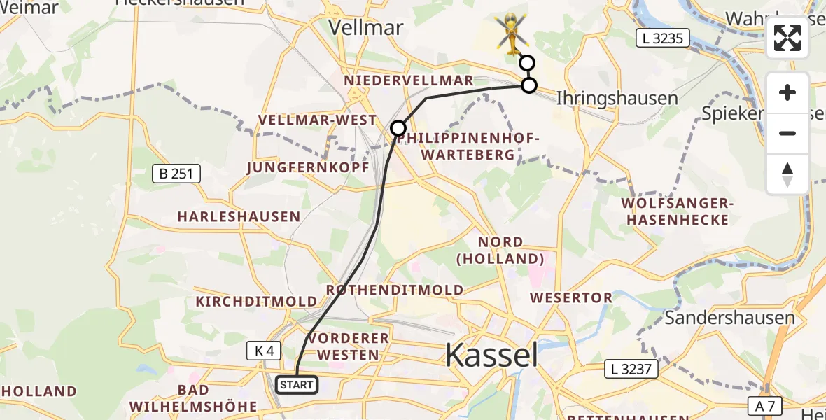 Flugroute Rettungshubschrauber Kassel - Fuldatal Bundespolizei Hubschrauberlandeplatz, 19 April 2026, 18:23
