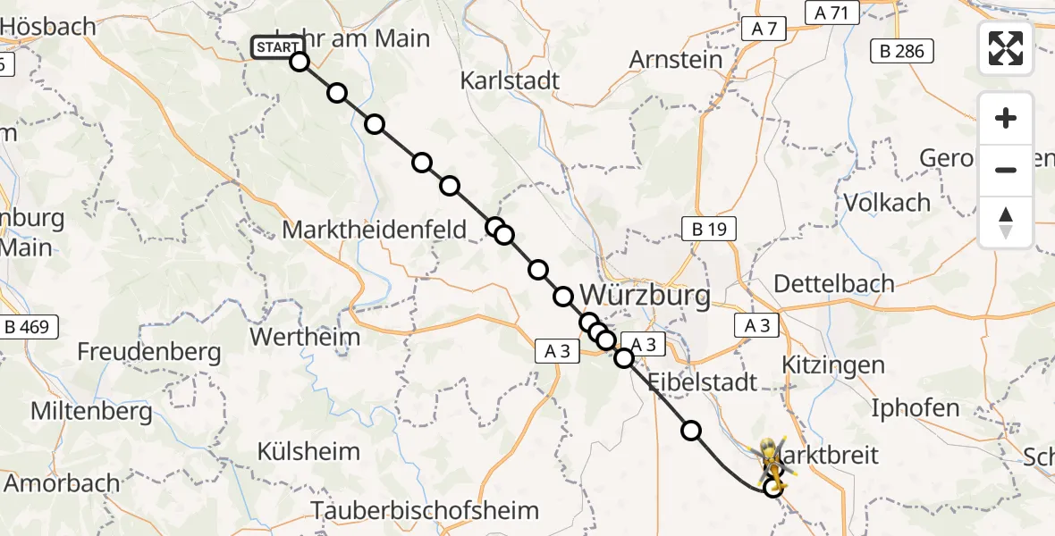 Flugroute Rettungshubschrauber Forst Lohrerstraße - Ochsenfurt Hospital, 19 April 2026, 18:45