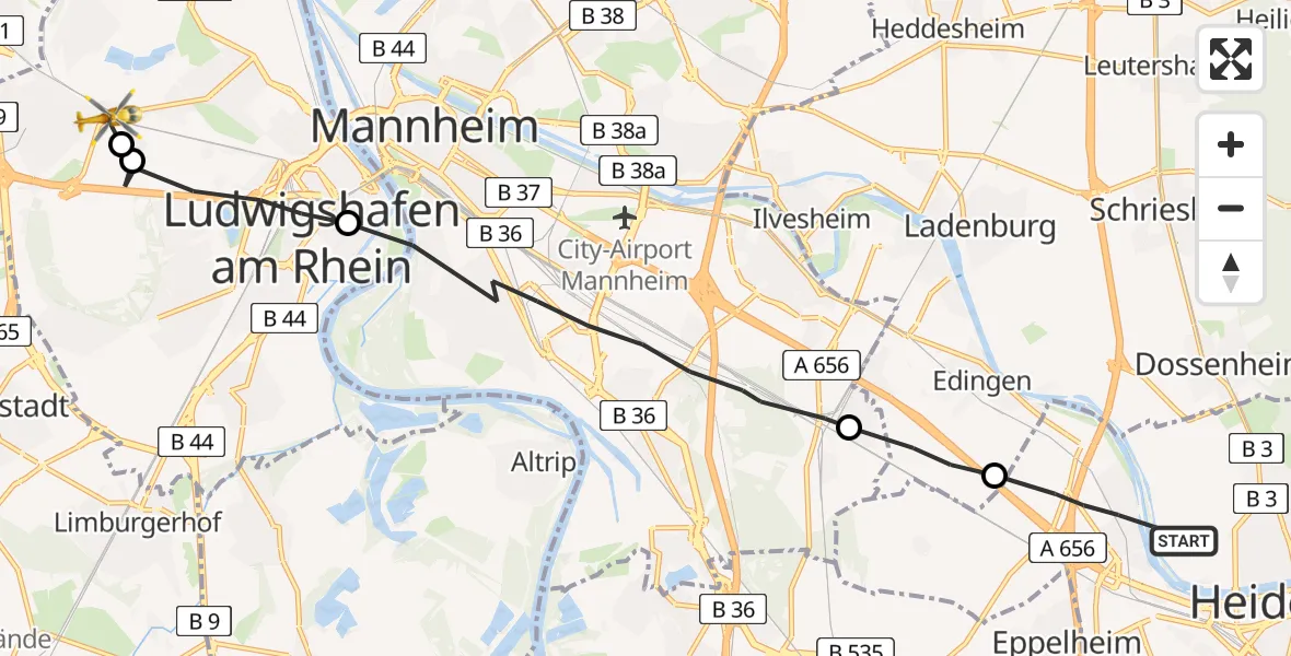 Flugroute Rettungshubschrauber Heidelberg - Ludwigshafen am Rhein, 19 April 2026, 18:54
