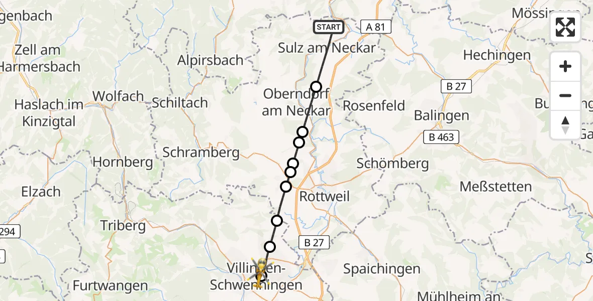 Flugroute Rettungshubschrauber Sulz am Neckar - DRF Air Rescue Station Villingen-Schwenningen Hubschrauberlandeplatz (Christoph 11), 19 April 2026, 19:04