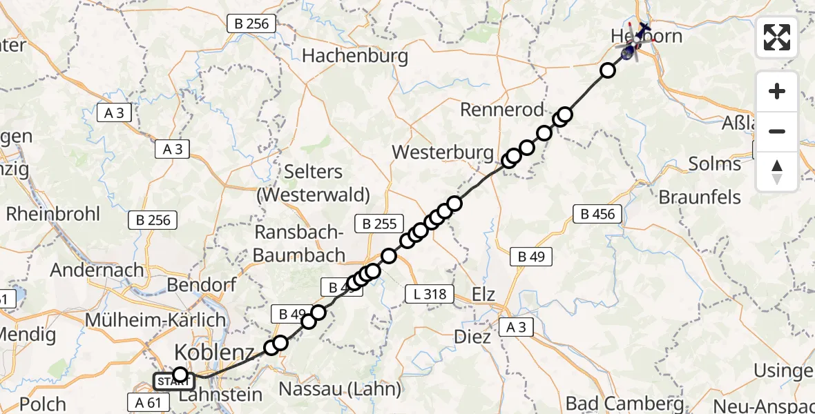 Flugroute Polizeihubschrauber Koblenz-Winningen Flugplatz - Herborn, 19 April 2026, 19:16