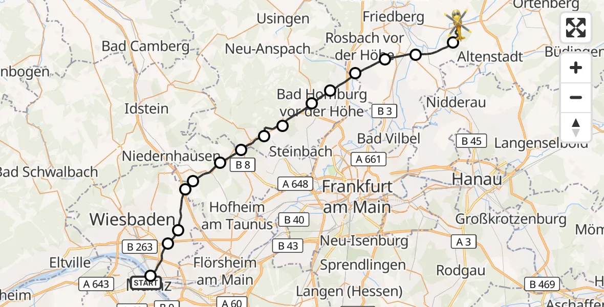 Flugroute Ambulanzhubschrauber Mainz - Florstadt, 19 April 2026, 19:18