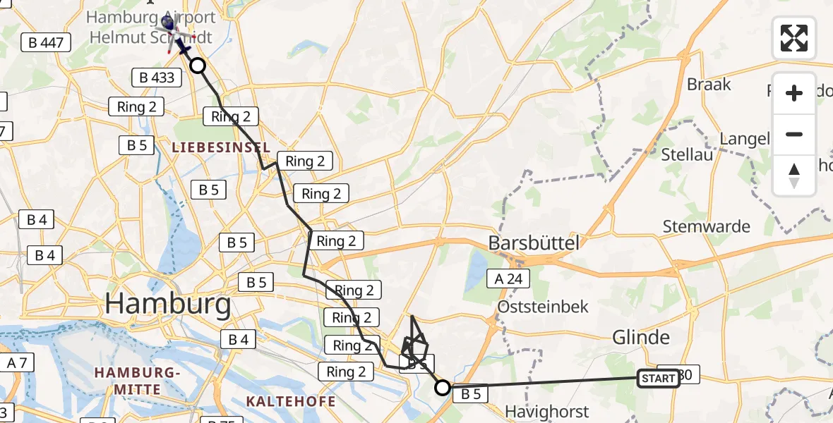 Flugroute Polizeihubschrauber Glinde - Hamburg Helmut Schmidt Flughafen, 19 April 2026, 19:21