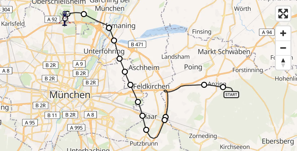 Flugroute Polizeihubschrauber Anzinger Forst - Oberschleißheim, 19 April 2026, 19:30