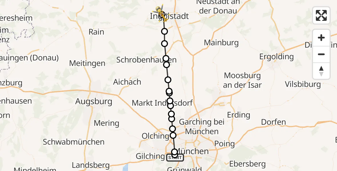 Flugroute Rettungshubschrauber DRF Air Rescue München Hubschrauberlandeplatz - Ingolstadt Hospital, 19 April 2026, 19:32