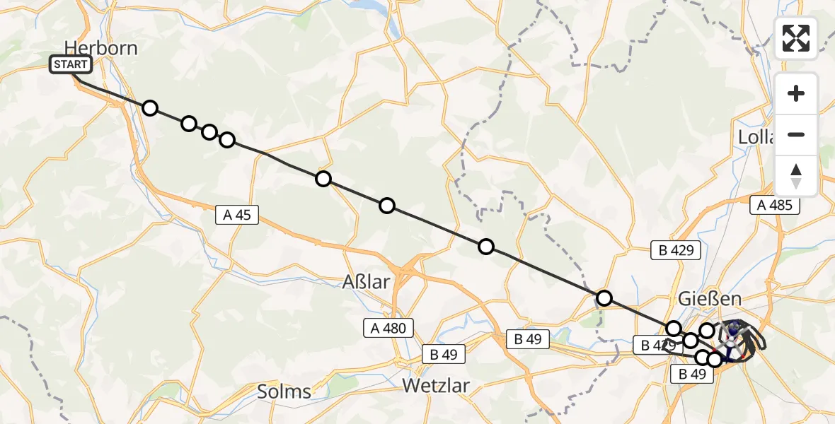 Flugroute Polizeihubschrauber Herborn - Gießen, 19 April 2026, 19:58