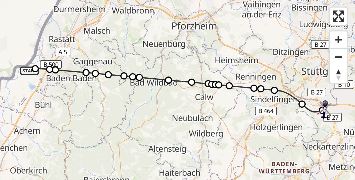 Flugroute Polizeihubschrauber Karlsruhe Baden-Baden Flughafen - Flughafen Stuttgart, 19 April 2026, 20:13