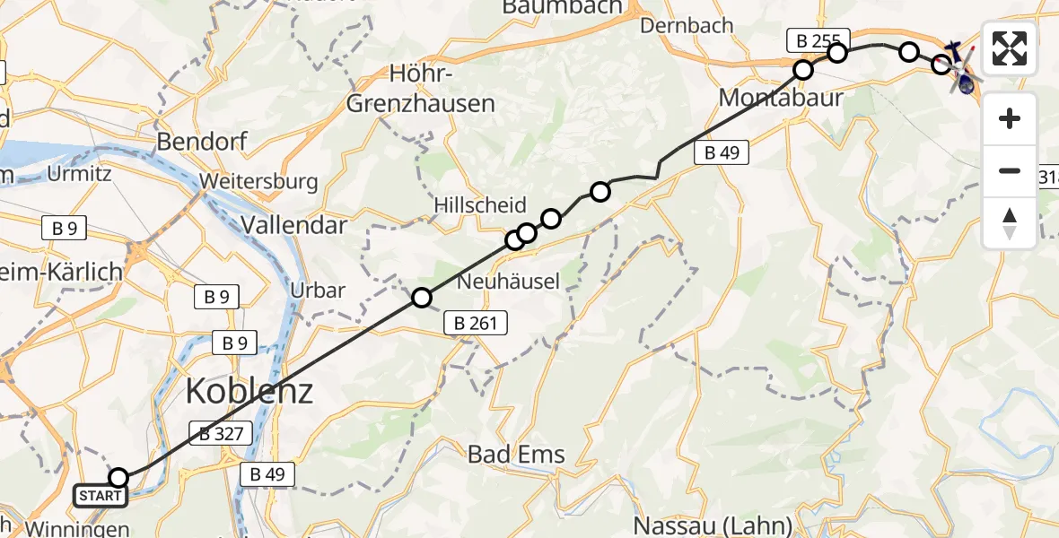 Flugroute Polizeihubschrauber Koblenz-Winningen Flugplatz - Girod, 19 April 2026, 20:25