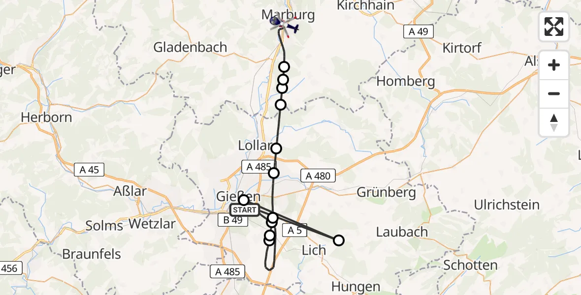 Flugroute Polizeihubschrauber Gießen - Marburg, 19 April 2026, 20:26