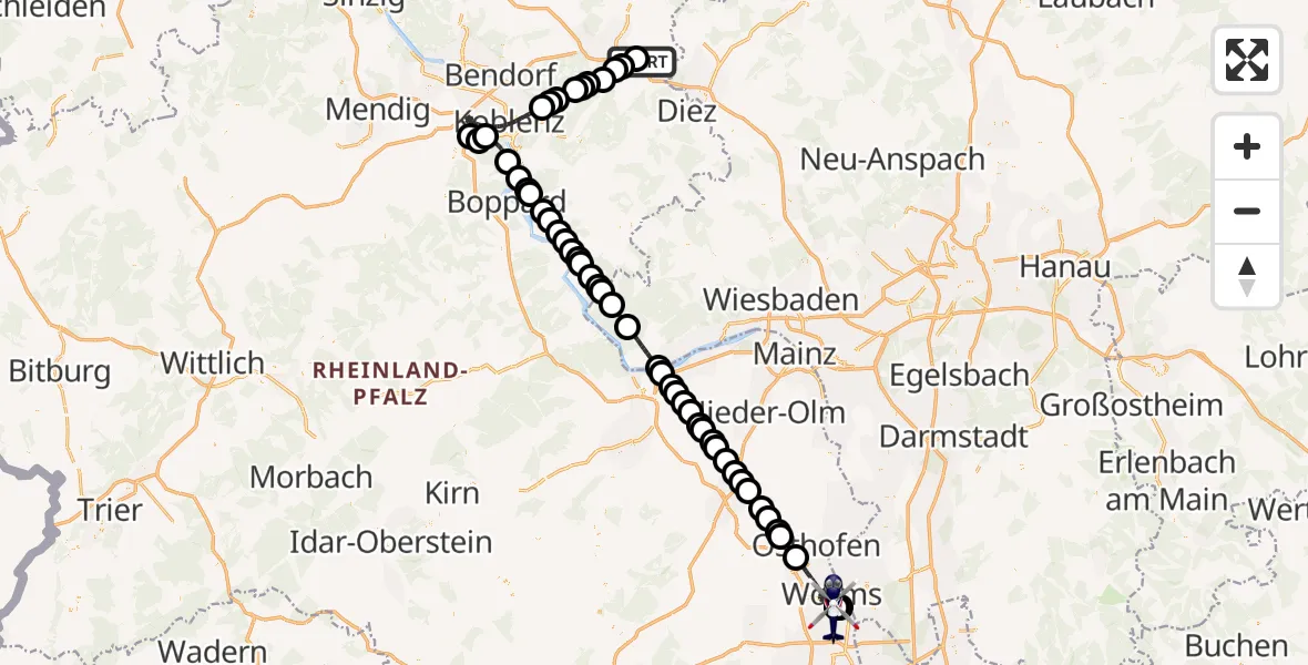 Flugroute Polizeihubschrauber Girod - Worms Flugplatz, 19 April 2026, 20:48