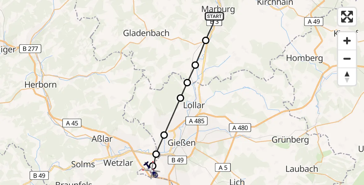 Flugroute Polizeihubschrauber Marburg - Gießen-Lützellinden Flugplatz, 19 April 2026, 20:53