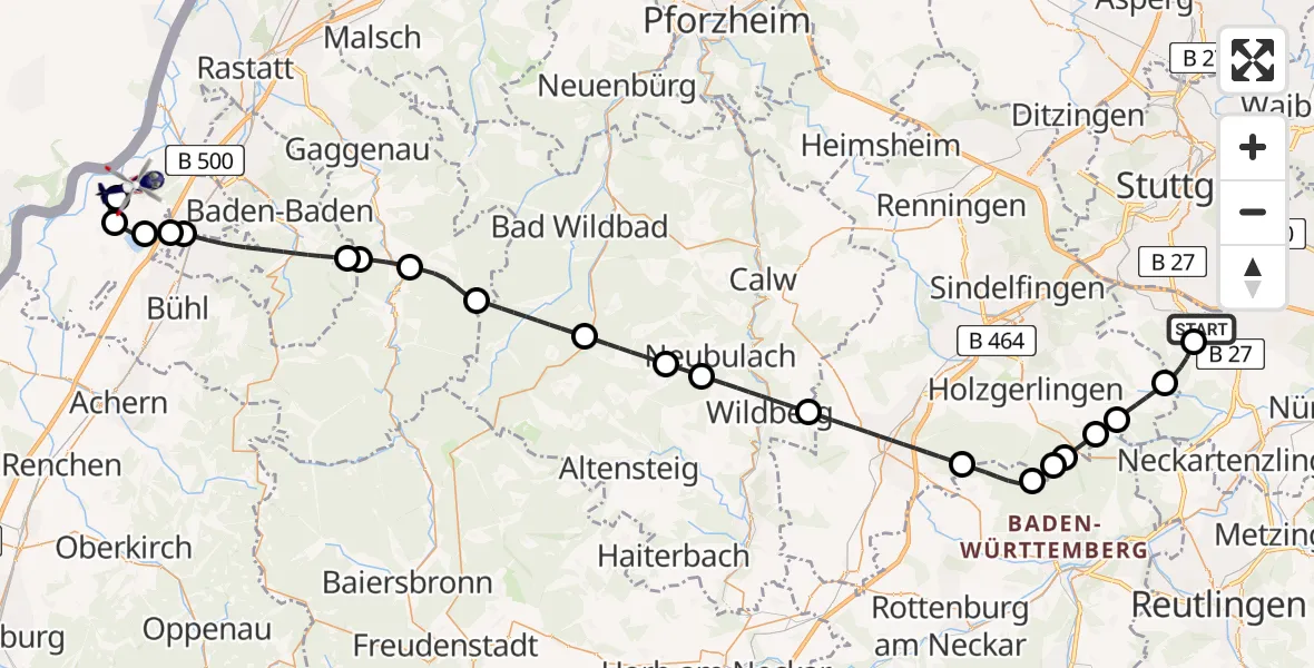 Flugroute Polizeihubschrauber Flughafen Stuttgart - Karlsruhe Baden-Baden Flughafen, 19 April 2026, 21:28