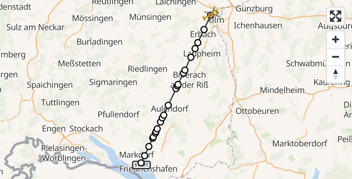 Flugroute Rettungshubschrauber Friedrichshafen Hospital - Ulm Military Hospital Emergency Hubschrauberlandeplatz, 19 April 2026, 21:31