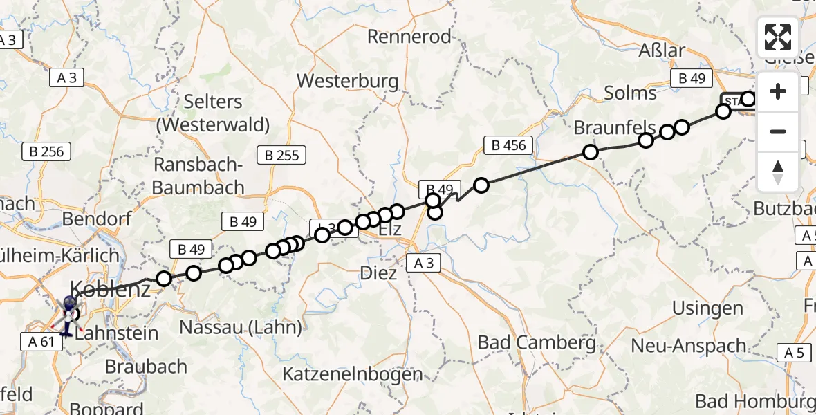 Flugroute Polizeihubschrauber Gießen-Lützellinden Flugplatz - Koblenz-Winningen Flugplatz, 19 April 2026, 21:51