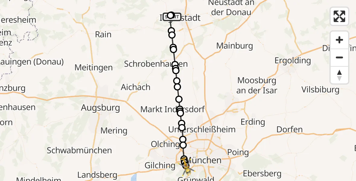 Flugroute Rettungshubschrauber Ingolstadt Hospital - DRF Air Rescue München Hubschrauberlandeplatz, 19 April 2026, 22:05