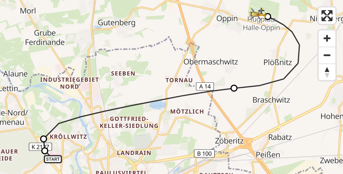 Flugroute Ambulanzhubschrauber Halle (Saale) University Hospital - Halle-Oppin Flugplatz, 19 April 2026, 22:25
