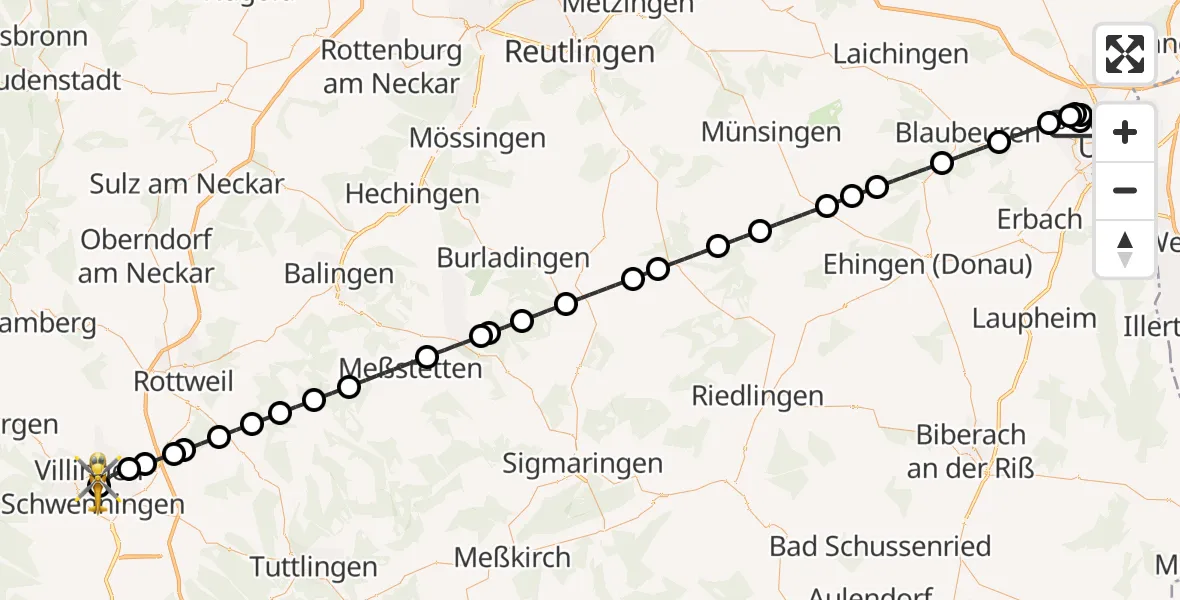 Flugroute Rettungshubschrauber Ulm Military Hospital Emergency - DRF Air Rescue Station Villingen-Schwenningen Hubschrauberlandeplatz (Christoph 11), 19 April 2026, 22:32