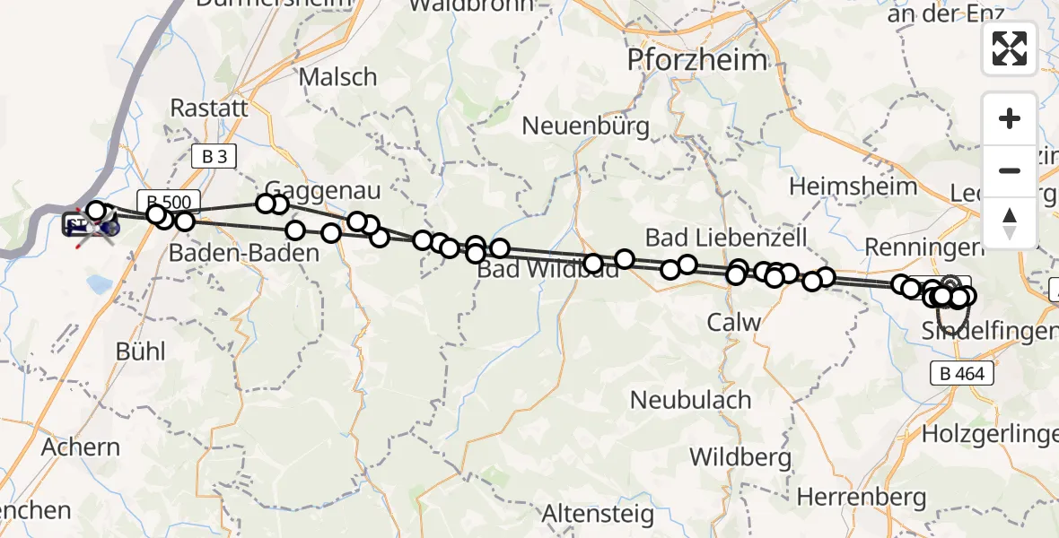 Flugroute Polizeihubschrauber Karlsruhe Baden-Baden Flughafen - Karlsruhe Baden-Baden Flughafen, 19 April 2026, 23:37