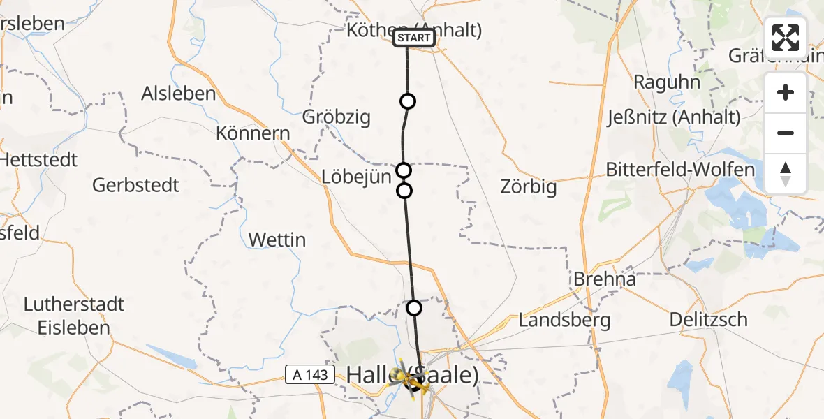 Flugroute Ambulanzhubschrauber Köthen (Anhalt) - Sankt Elisabeth and Sankt Barbara Hospital Halle (Saale), 20 April 2026, 02:42