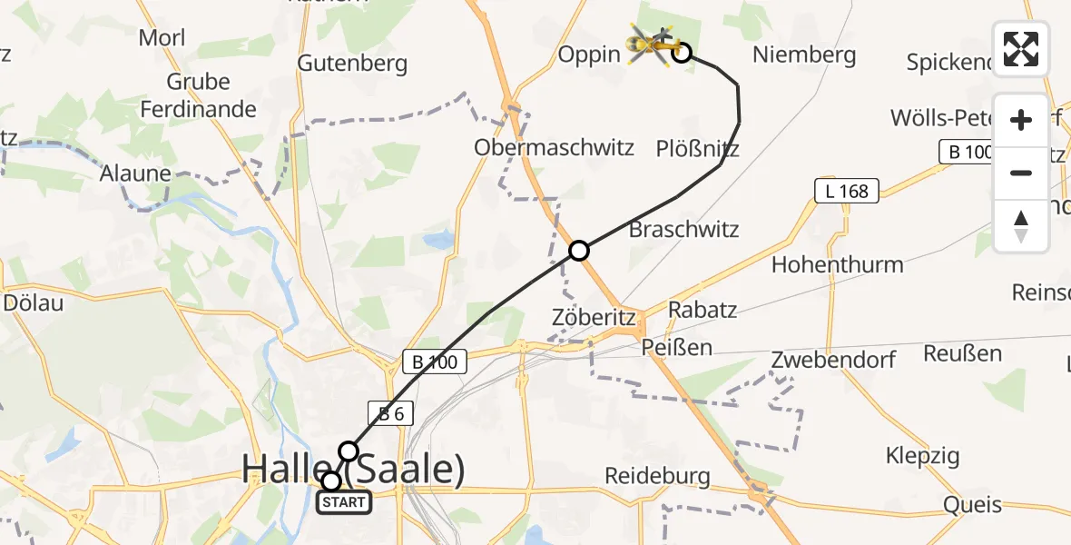 Flugroute Ambulanzhubschrauber Sankt Elisabeth and Sankt Barbara Hospital Halle (Saale) - Halle-Oppin Flugplatz, 20 April 2026, 03:23