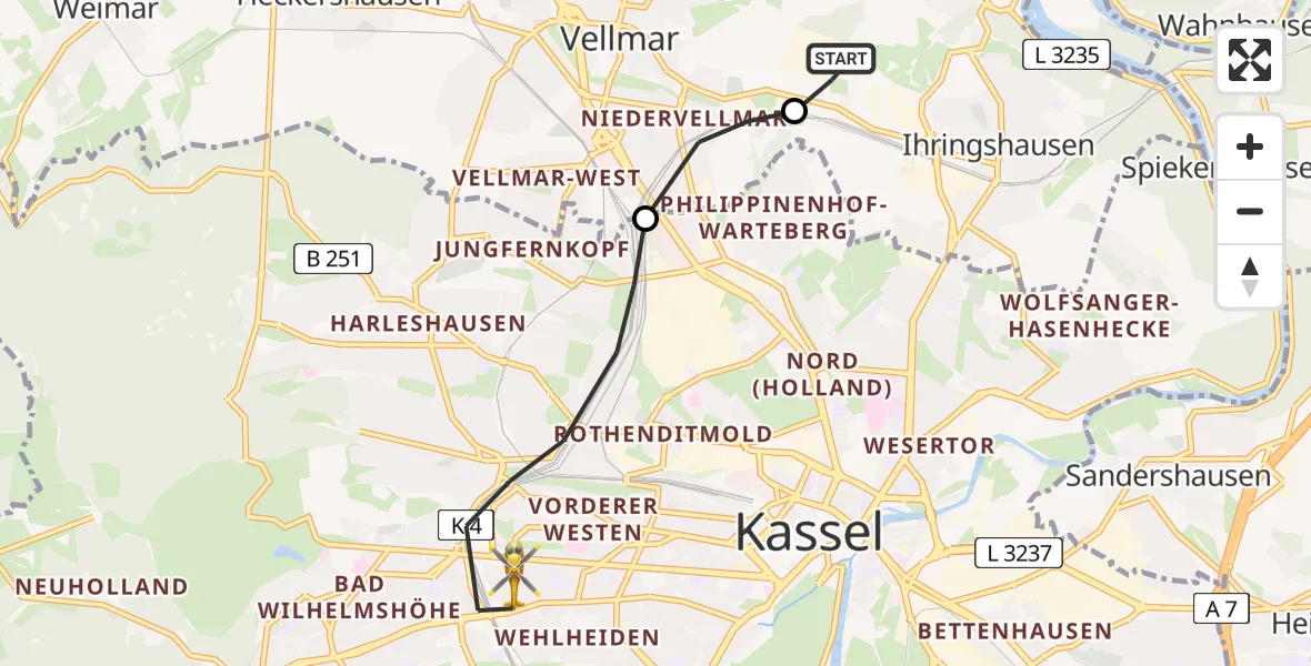 Flugroute Rettungshubschrauber Fuldatal Bundespolizei Hubschrauberlandeplatz - Kassel, 20 April 2026, 05:02