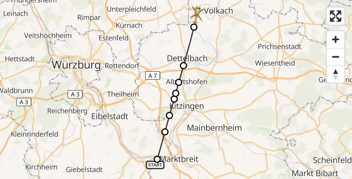 Flugroute Rettungshubschrauber Marktbreit - Nordheim a.Main, 20 April 2026, 05:11