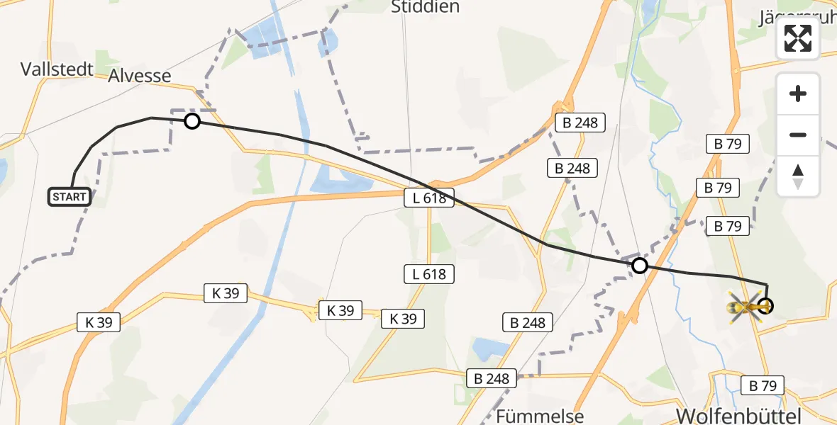 Flugroute Rettungshubschrauber Vechelde - Wolfenbüttel Municipal Hospital Heliport (Christoph 30), 20 April 2026, 05:36