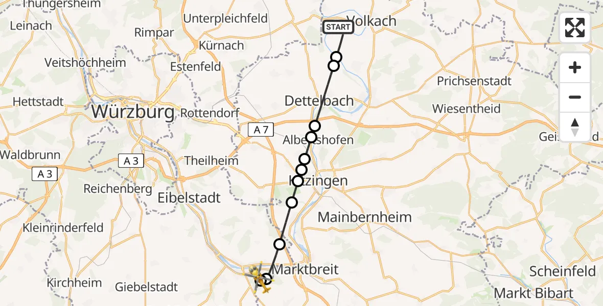Flugroute Rettungshubschrauber Nordheim a.Main - Ochsenfurt Hospital, 20 April 2026, 05:44