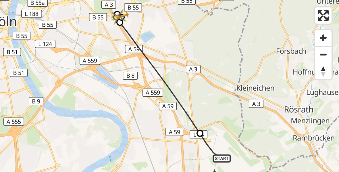 Flugroute Ambulanzhubschrauber Köln Bonn Flughafen - Köln, 20 April 2026, 05:46