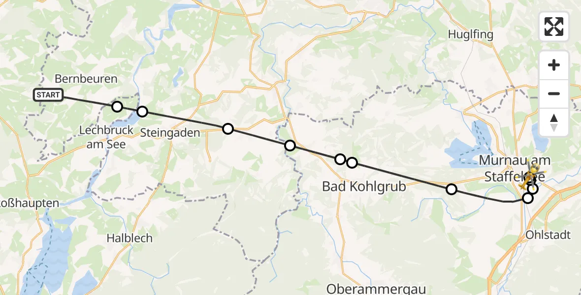 Flugroute Rettungshubschrauber Bernbeuren - Murnau Accident Hospital, 20 April 2026, 05:47