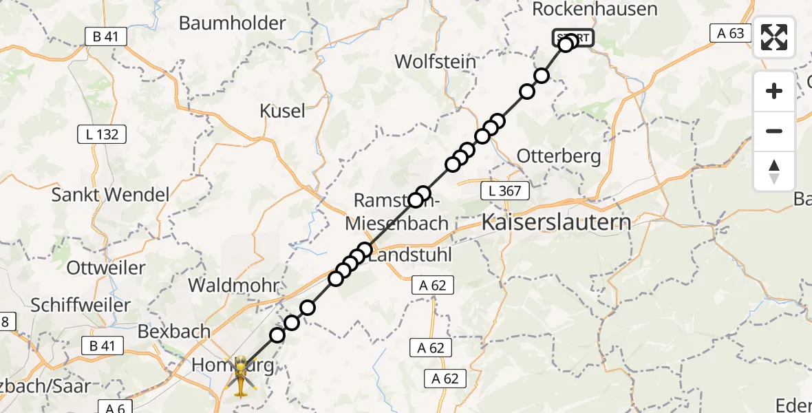 Flugroute Rettungshubschrauber Imsweiler UL - Homburg, 20 April 2026, 05:51