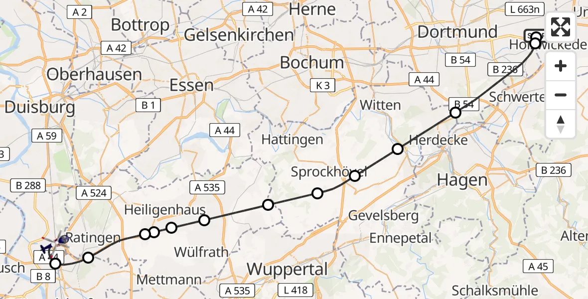 Flugroute Polizeihubschrauber Dortmund Flughafen - Düsseldorf Flughafen, 20 April 2026, 06:05