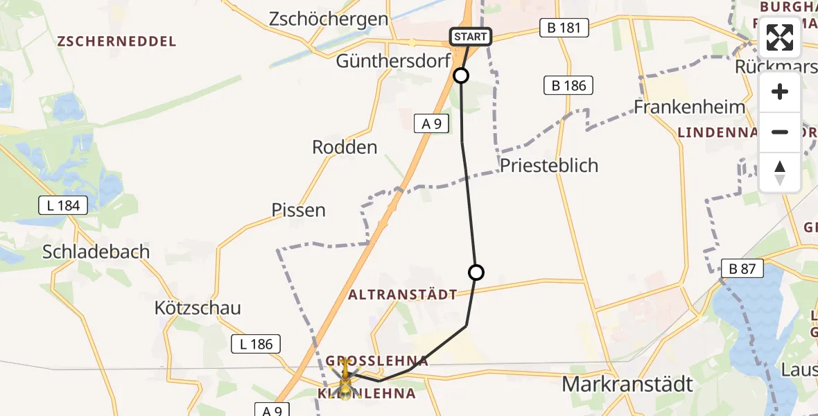 Flugroute Rettungshubschrauber ADAC Air Rescue Station Leipzig/Schkeuditz-Dölzig Hubschrauberlandeplatz (Christoph 61) - Markranstädt, 20 April 2026, 06:07