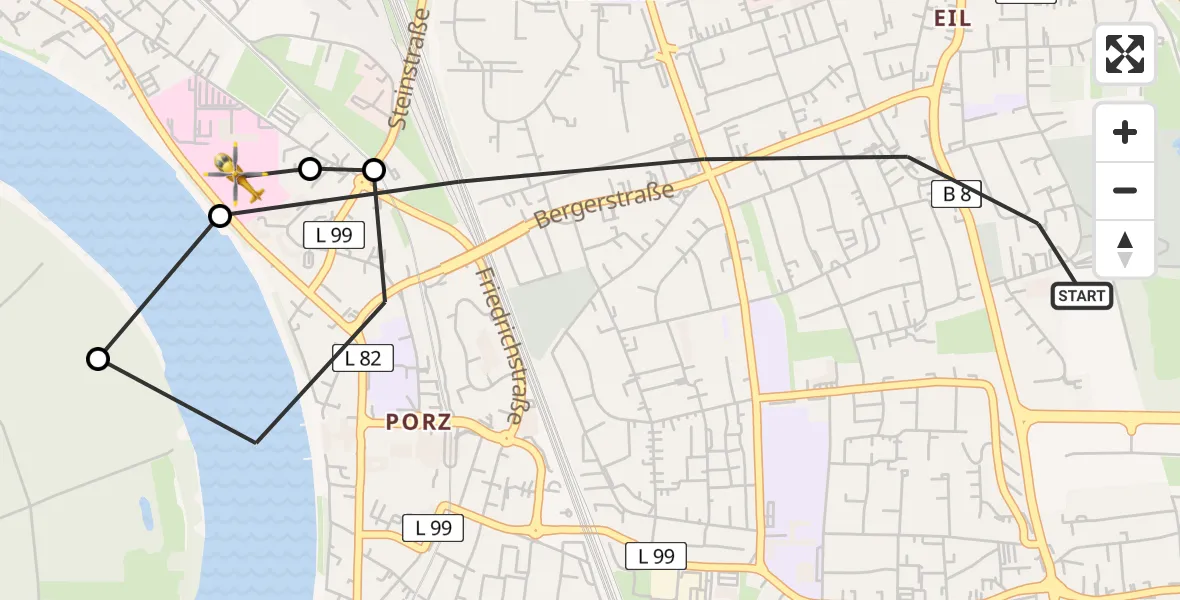 Flugroute Rettungshubschrauber Köln - Porz am Rhein Hospital, 20 April 2026, 06:15