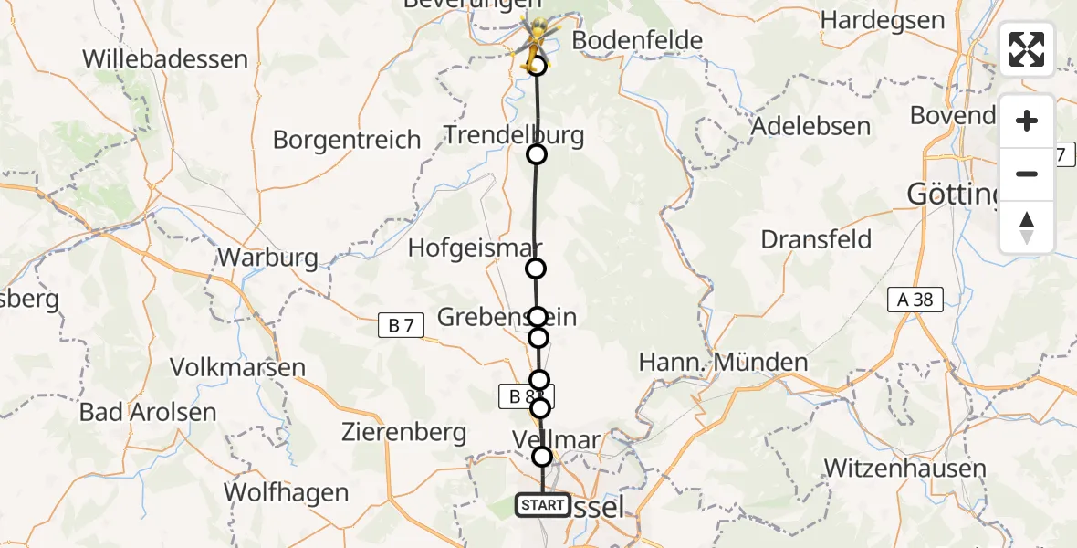 Flugroute Rettungshubschrauber Kassel - Bad Karlshafen, 20 April 2026, 06:16
