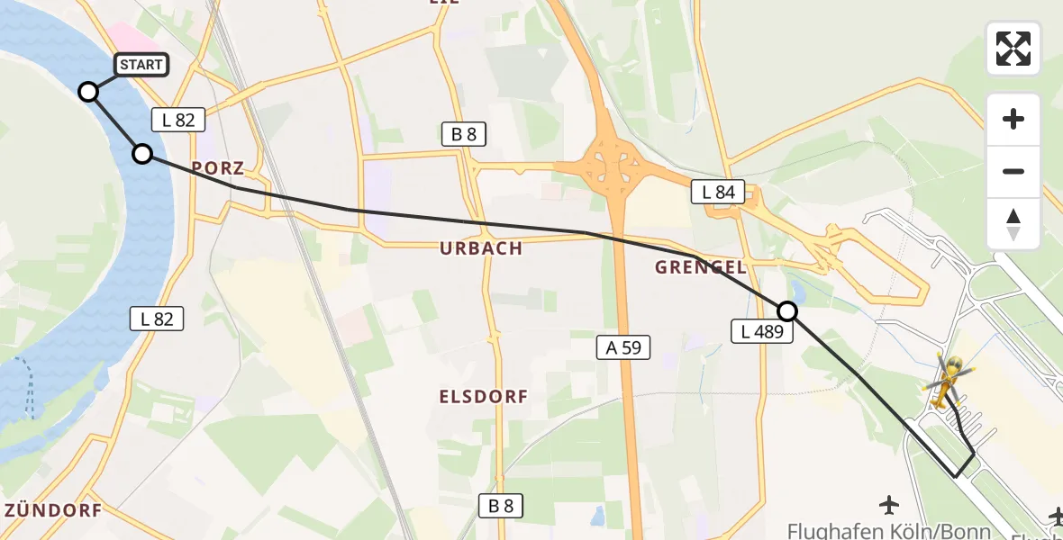 Flugroute Rettungshubschrauber Porz am Rhein Hospital - Köln Bonn Flughafen, 20 April 2026, 06:37