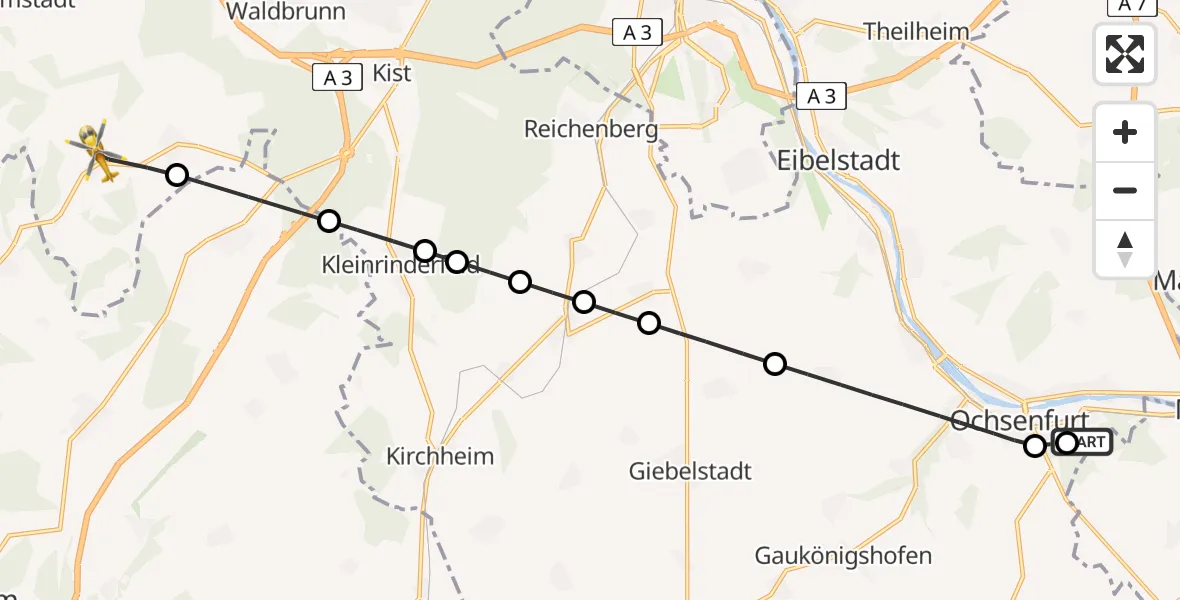 Flugroute Rettungshubschrauber Ochsenfurt Hospital - Altertheim, 20 April 2026, 06:39